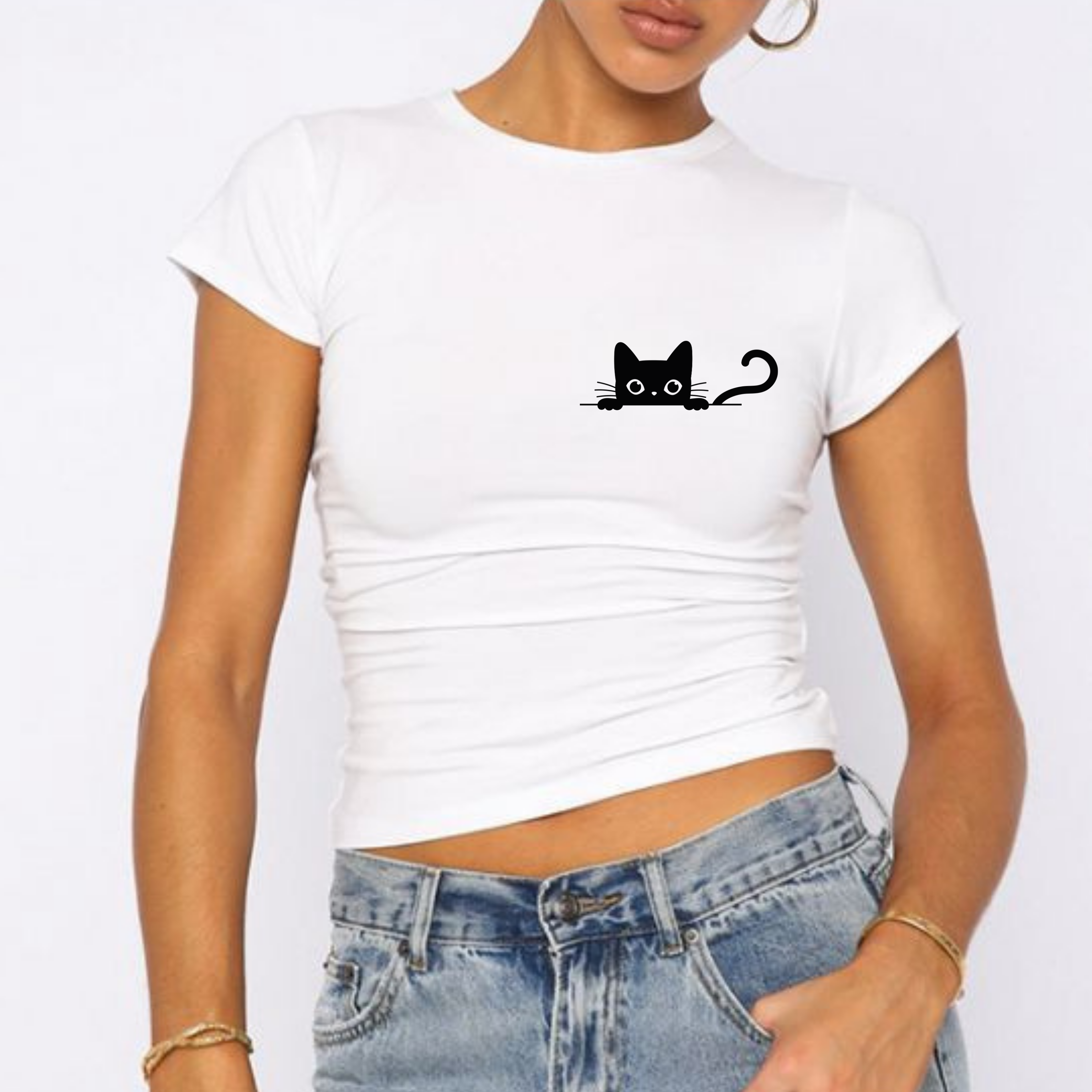 Cepten Çıkan Meraklı Kedi Desenli Baby Tee Crop