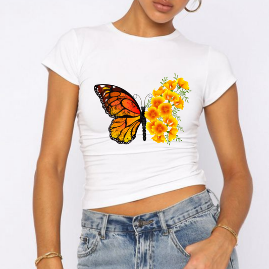 Çiçek Kanatlı Kelebek Figürlü Baby Tee  Crop