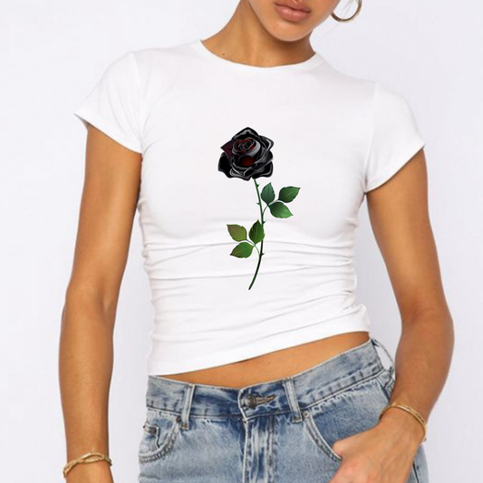 Kara Gül Figürlü Baby Tee Crop