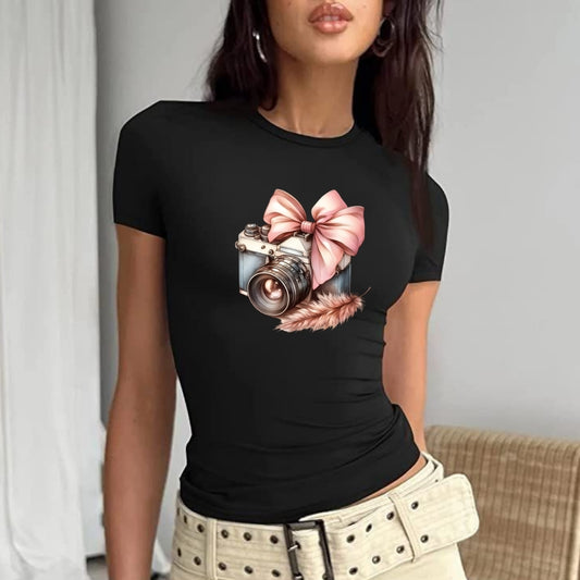 Fiyonklu Tüylü Fotoğraf Makinesi Baby Tee Tshirt