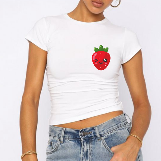 Gülümseyen Çilek Figürlü Baby Tee Crop